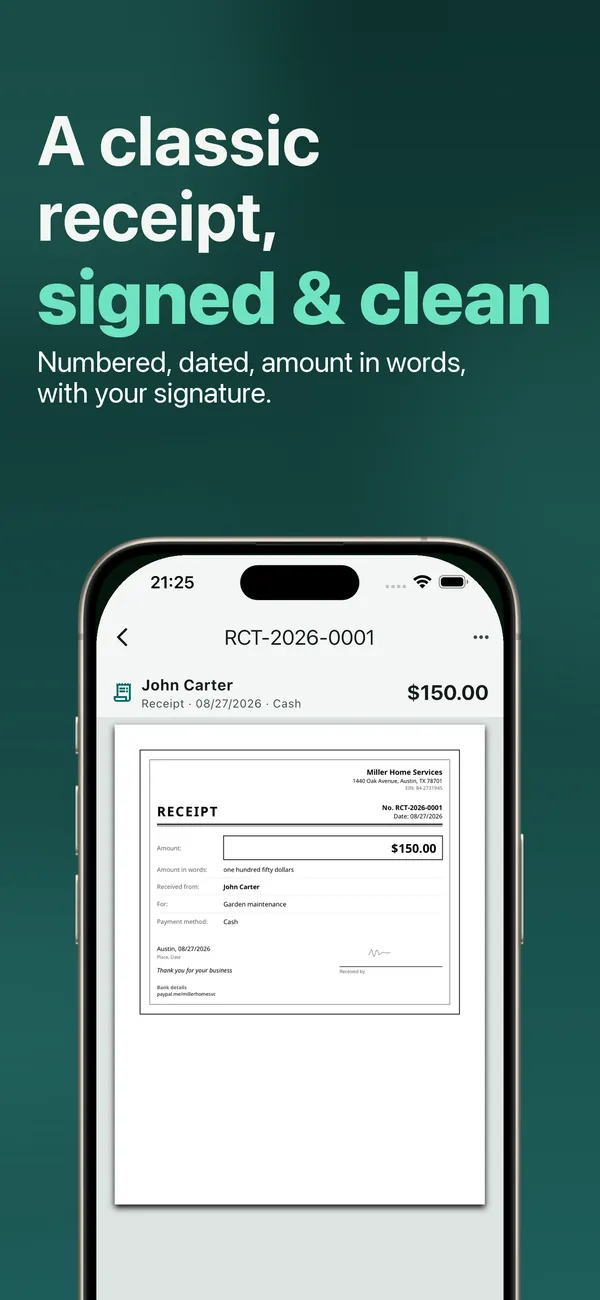 A classic receipt, signed and clean: numbered, dated, amount in words and your signature