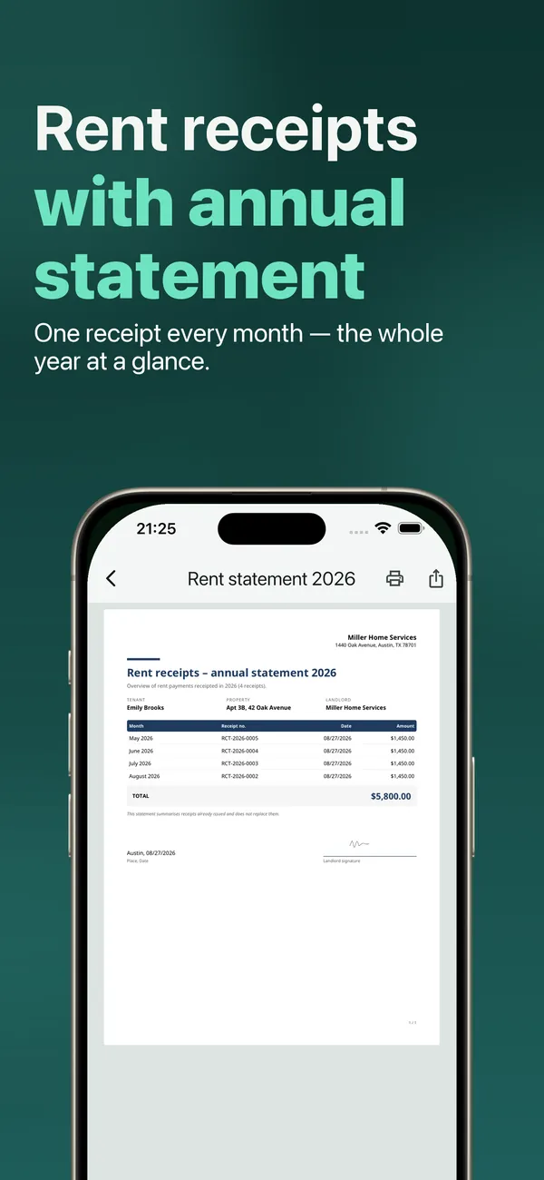 Rent receipts with an annual statement: one receipt every month, the whole year at a glance