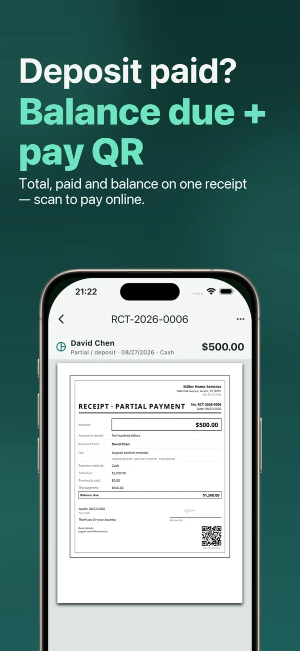 Deposit paid? Total, amount paid and balance due on one receipt, with a payment QR code
