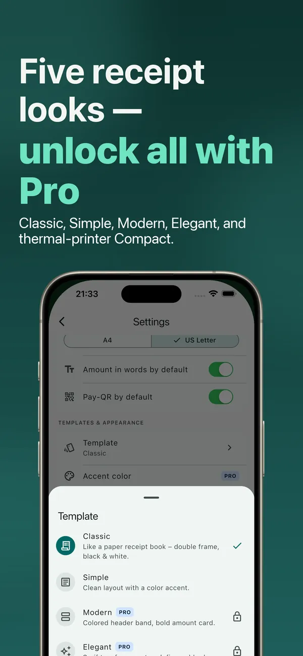 Five receipt looks: Classic, Simple, Modern, Elegant and Compact for thermal printers, all with Pro